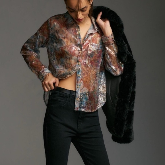 Pilcro Anthropologie Shrunken Sequin Buttondown Shirt Large NWT